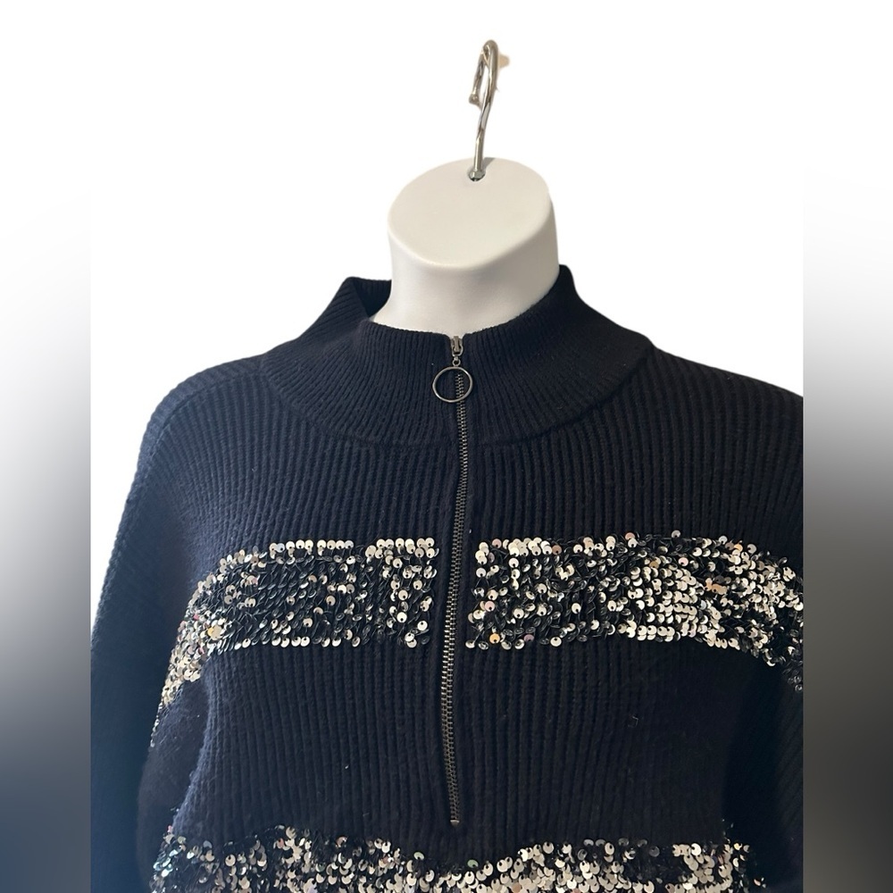 Nine West Womens sequin striped pleated black turtleneck quarter zip XL sweater - Picture 4 of 7